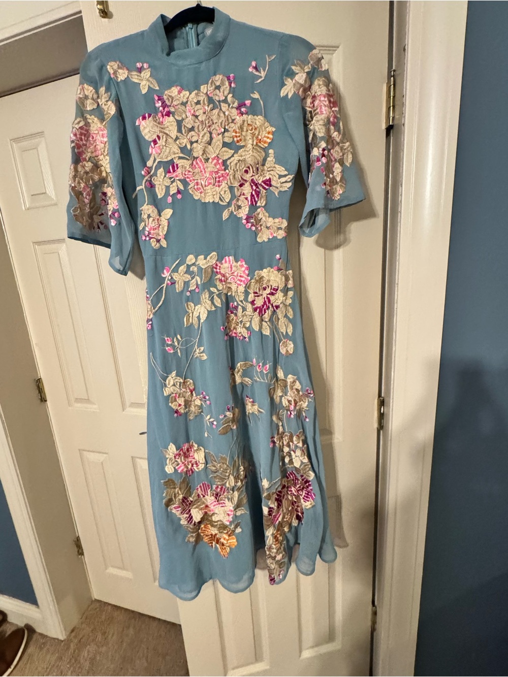 ASOS Dusty Blue Floral Embroidered Midi Dress